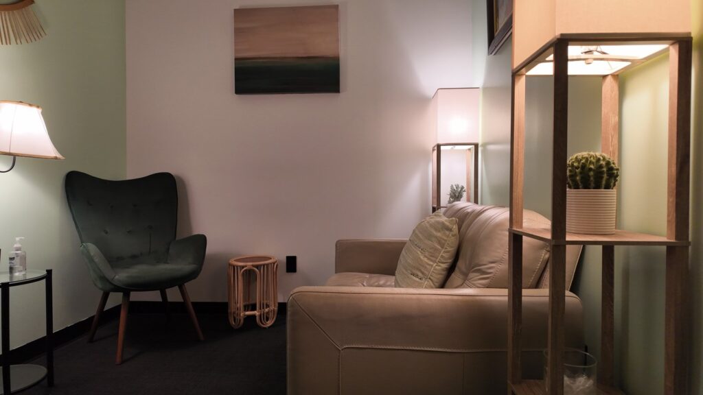 Calm sage-toned counseling room in Valley Stream, NY
